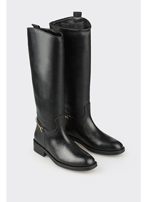 Siyah Deri Kadın Düz Çizme - Görsel 3