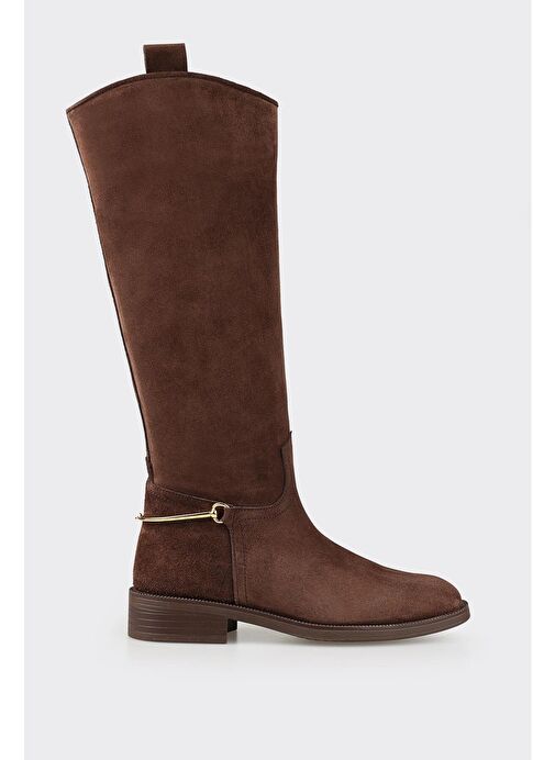 Kahve Deri Kadın Düz Çizme - Görsel 2