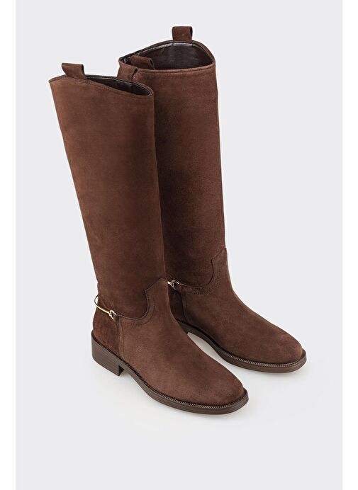 Kahve Deri Kadın Düz Çizme - Görsel 3