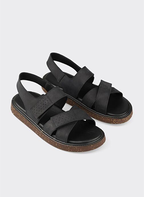 Siyah Deri Erkek Sandalet - Görsel 3