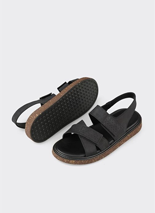 Siyah Deri Erkek Sandalet - Görsel 4