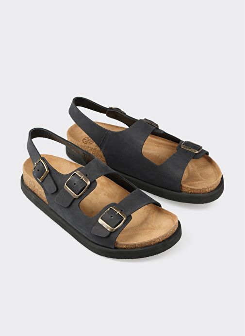 Siyah Deri Erkek Günlük Sandalet - Görsel 3