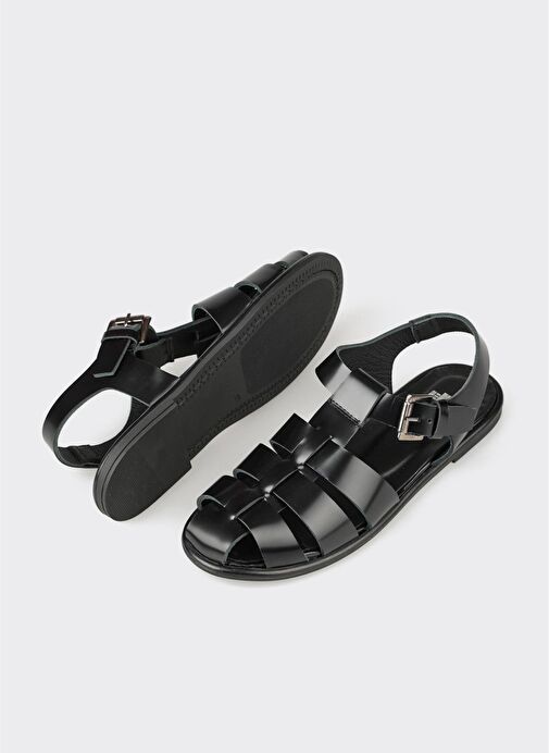 Siyah Deri Kadın Sandalet - Görsel 4