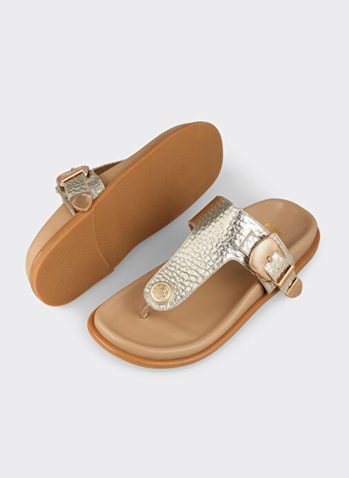 Gold Deri Kadın Parmak Arası Terlik - Görsel 4