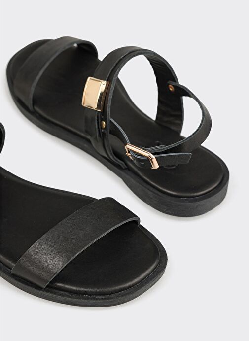 Siyah Deri Kadın Sandalet - Görsel 6