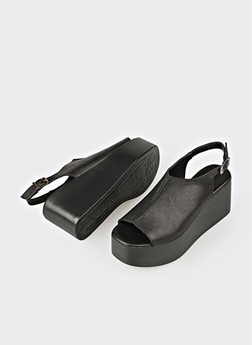 Siyah Deri Kadın Sandalet - Görsel 4