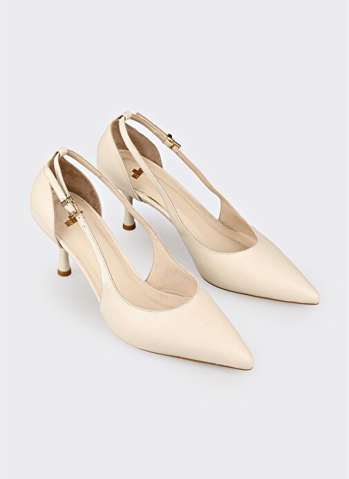 Ekru Deri Kadın Topuklu Ayakkabı - Görsel 3