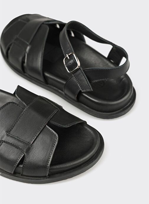 Siyah Deri Kadın Sandalet - Görsel 6