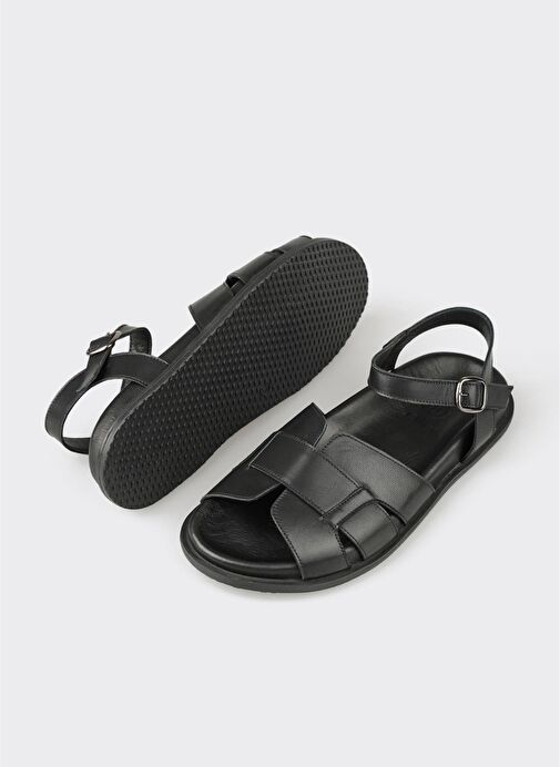 Siyah Deri Kadın Sandalet - Görsel 4