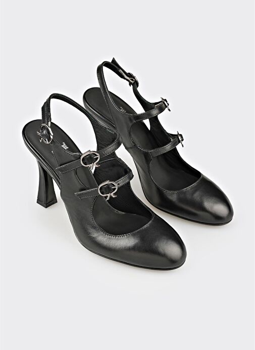 Siyah Deri Kadın Topuklu Ayakkabı - Görsel 3