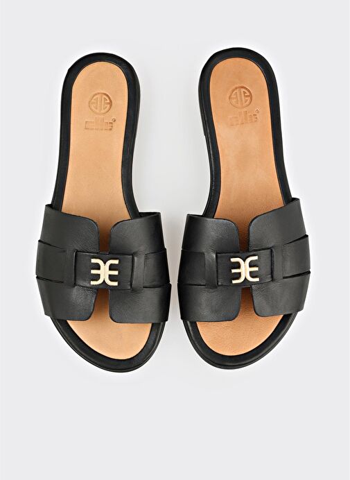 Siyah Deri Kadın Terlik - Görsel 5