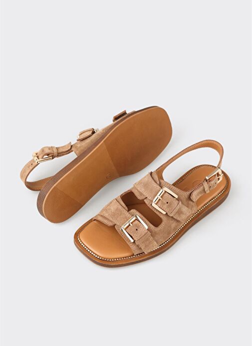 Taba Deri Kadın Düz Sandalet - Görsel 4