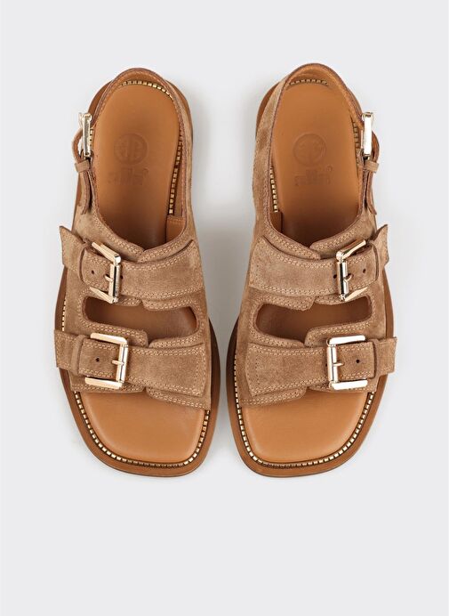 Taba Deri Kadın Düz Sandalet - Görsel 5