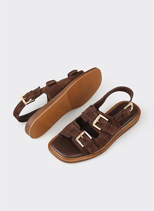 Kahve Deri Kadın Düz Sandalet - Görsel 4