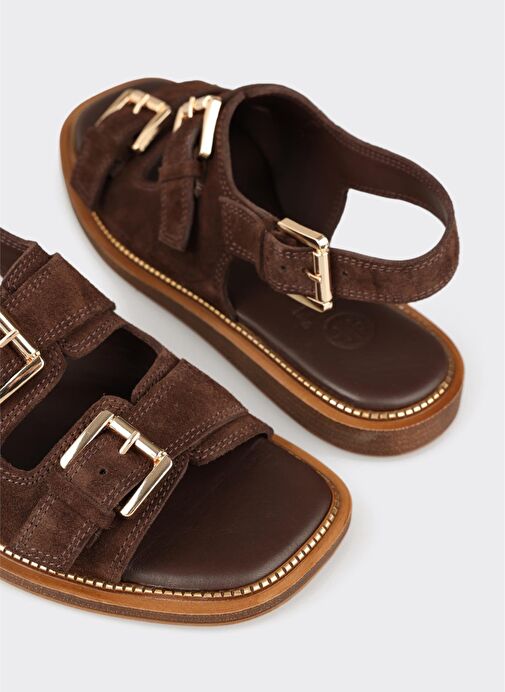 Kahve Deri Kadın Düz Sandalet - Görsel 6