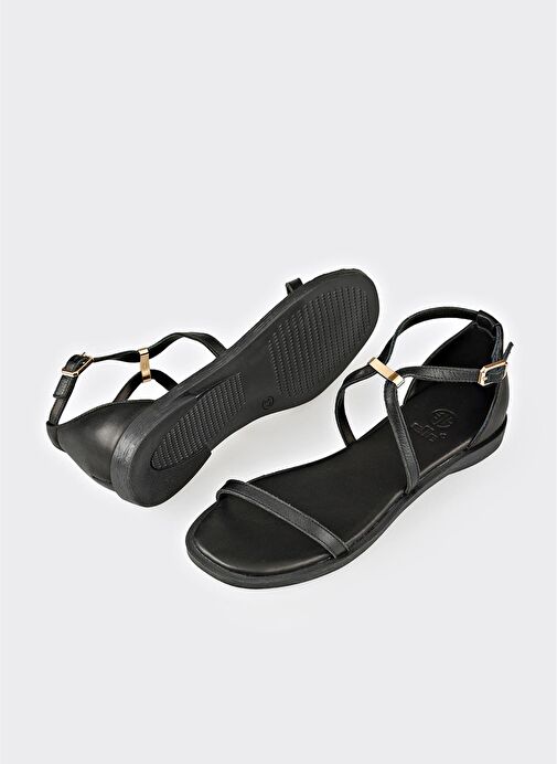 Siyah Deri Kadın Sandalet - Görsel 4