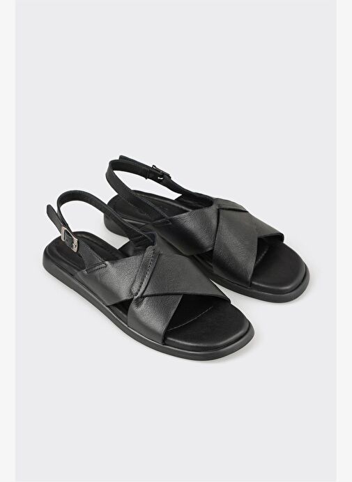 Siyah Deri Kadın Sandalet - Görsel 5