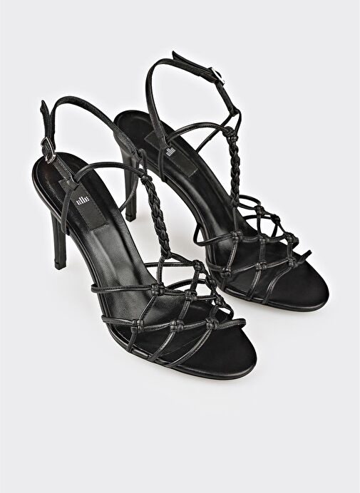 Siyah Deri Kadın Topuklu Sandalet - Görsel 3