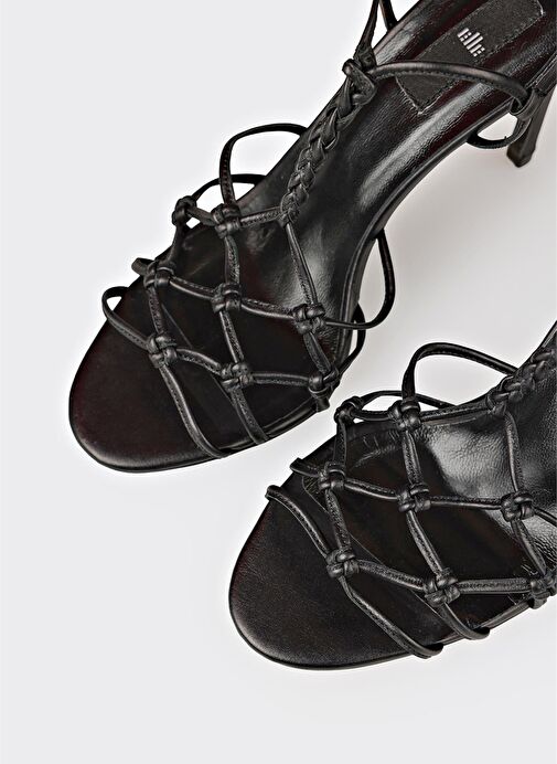 Siyah Deri Kadın Topuklu Sandalet - Görsel 5