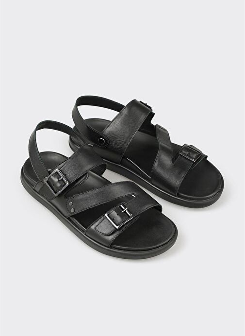 Siyah Deri Erkek Sandalet - Görsel 3