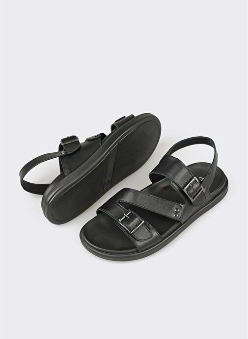 Siyah Deri Erkek Sandalet - Görsel 4