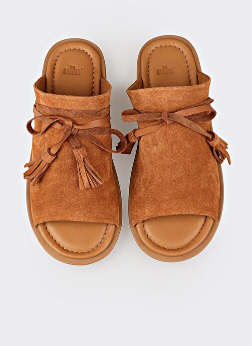 Taba Deri Kadın Düz Terlik - Görsel 5