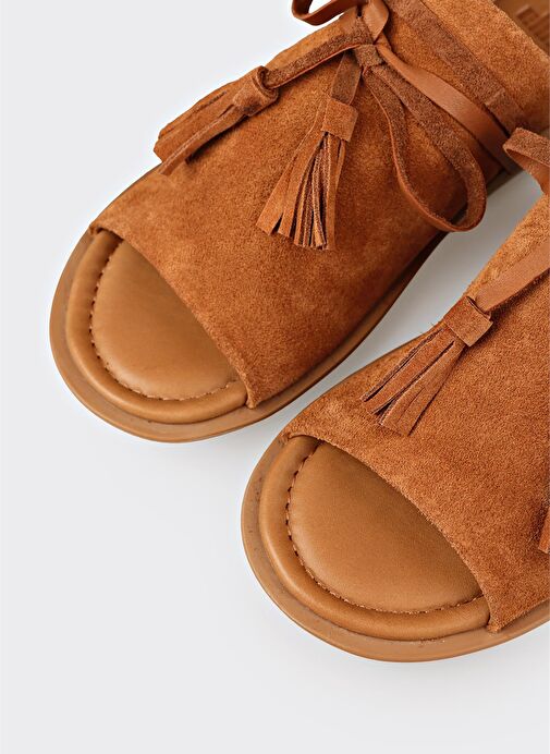 Taba Deri Kadın Düz Terlik - Görsel 6