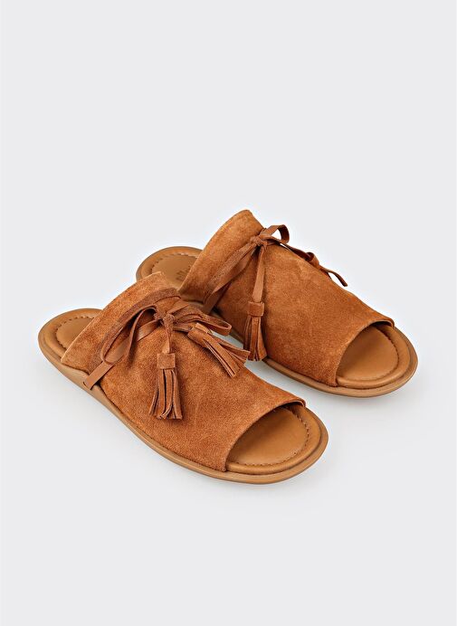 Taba Deri Kadın Düz Terlik - Görsel 3