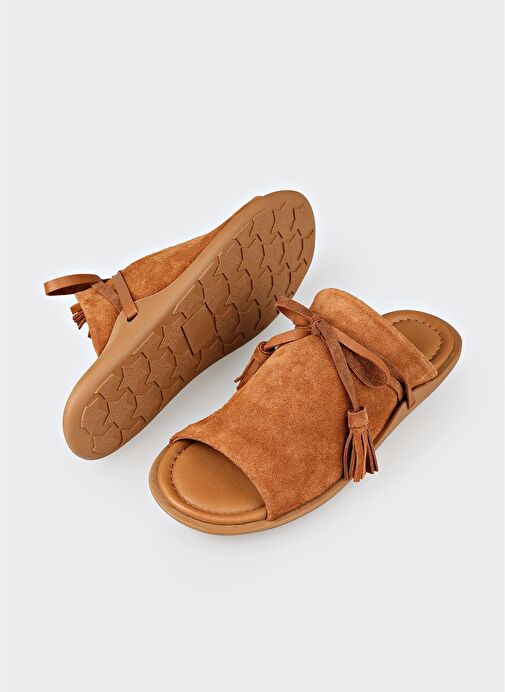 Taba Deri Kadın Düz Terlik - Görsel 4