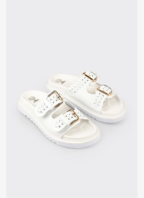 Beyaz Deri Kadın Terlik - Görsel 4