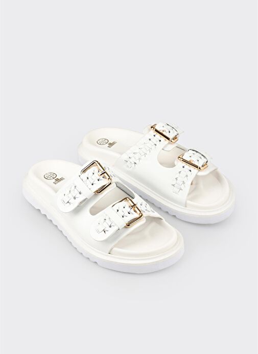 Beyaz Deri Kadın Terlik - Görsel 5