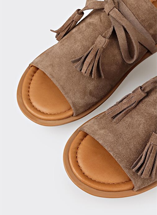 Vizon Deri Kadın Düz Terlik - Görsel 6