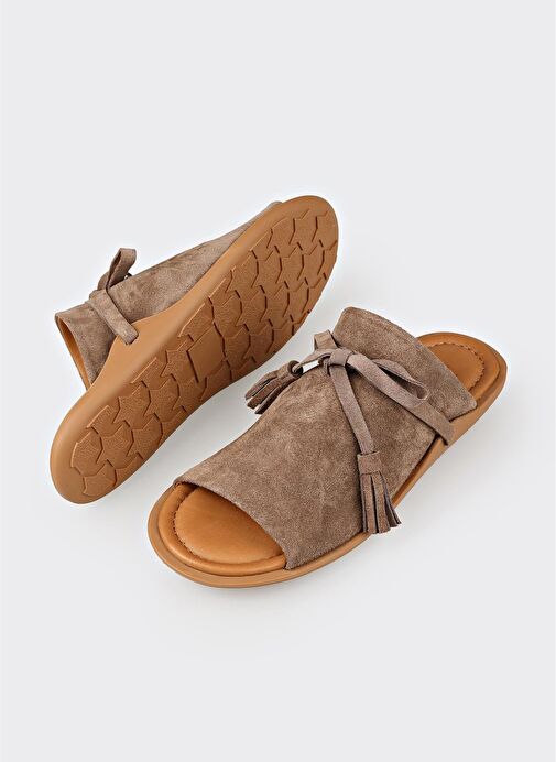 Vizon Deri Kadın Düz Terlik - Görsel 4