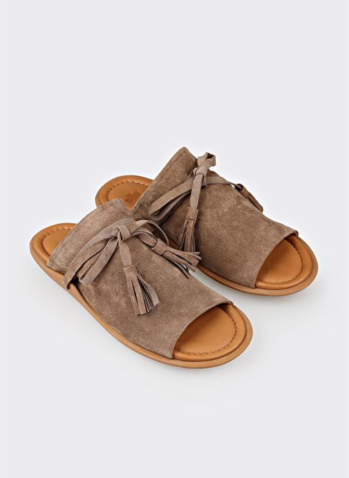 Vizon Deri Kadın Düz Terlik - Görsel 3