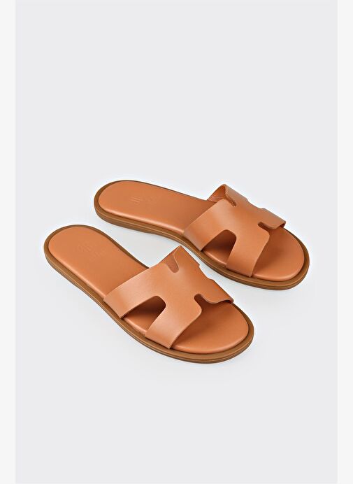 Taba Deri Kadın Düz Terlik - Görsel 3