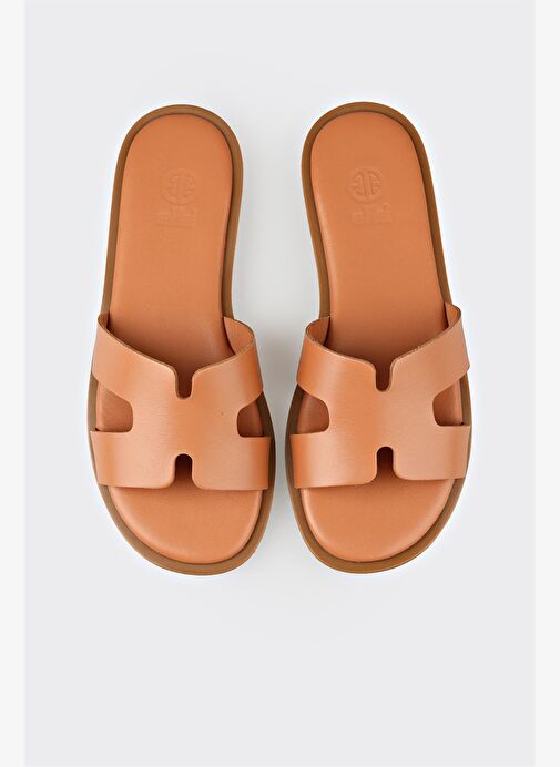 Taba Deri Kadın Düz Terlik - Görsel 5