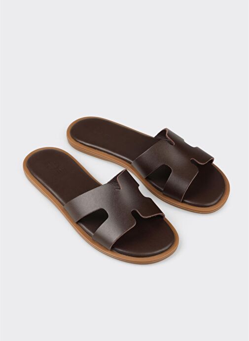 Kahve Deri Kadın Düz Terlik - Görsel 3