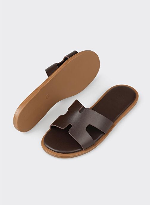 Kahve Deri Kadın Düz Terlik - Görsel 4