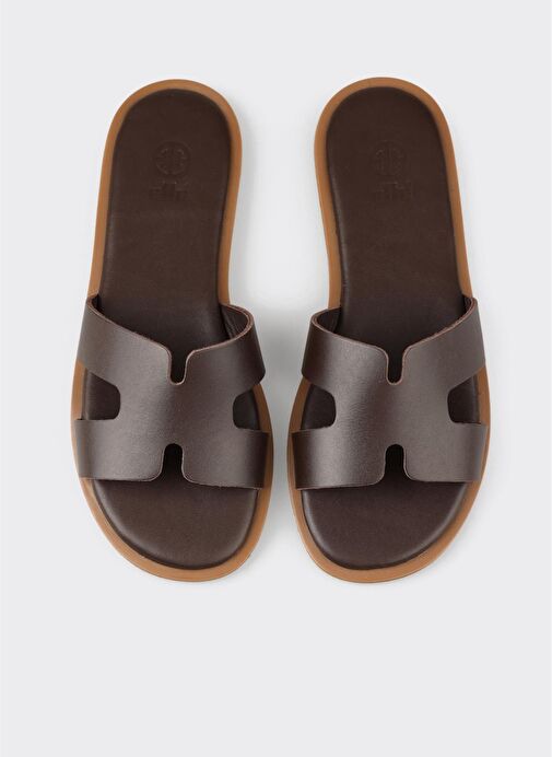 Kahve Deri Kadın Düz Terlik - Görsel 5