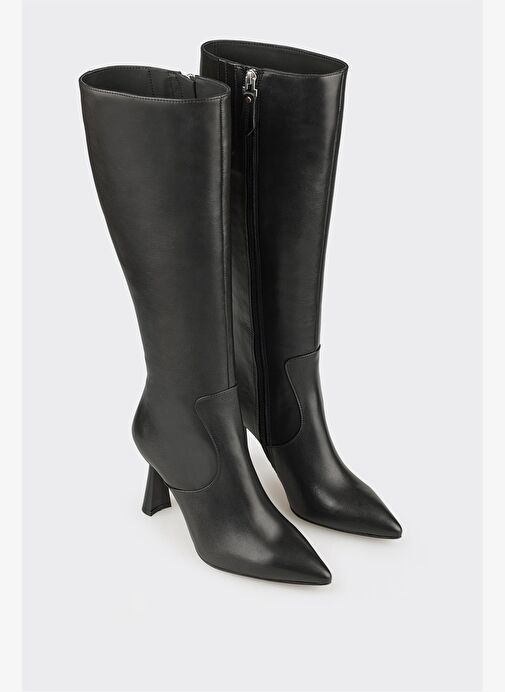 Siyah Deri Kadın Topuklu Çizme - Görsel 3