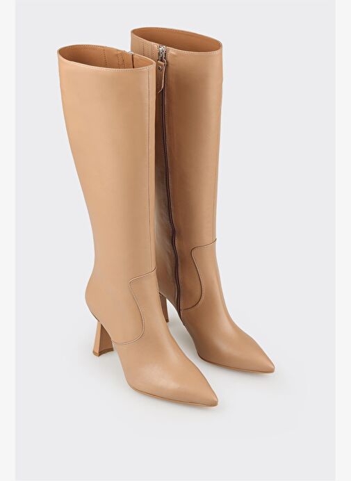 Naturel Deri Kadın Topuklu Çizme - Görsel 3
