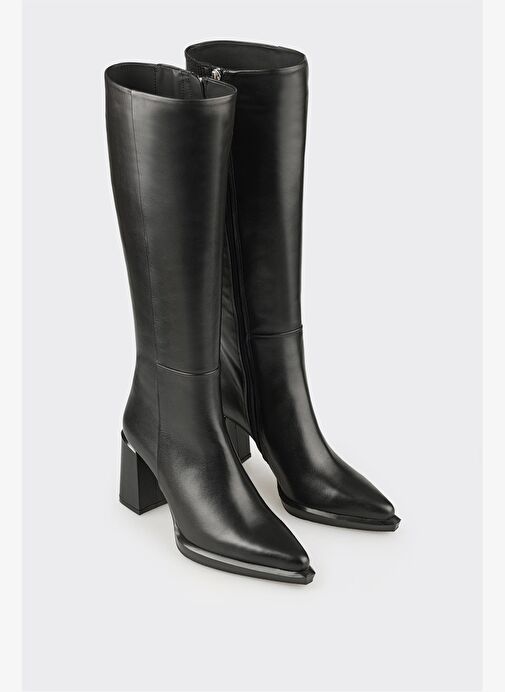 Siyah Deri Kadın Topuklu Çizme - Görsel 3