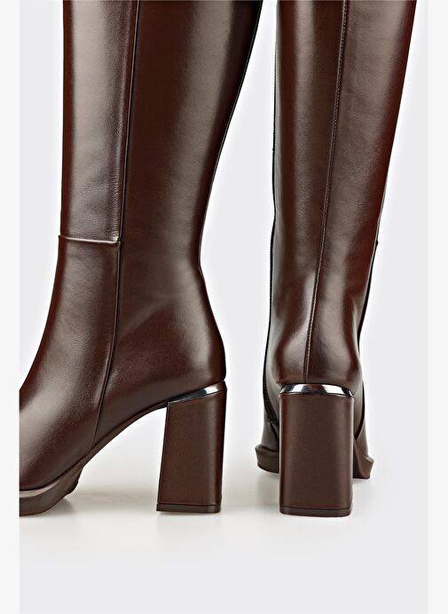 Kahve Deri Kadın Topuklu Çizme - Görsel 5