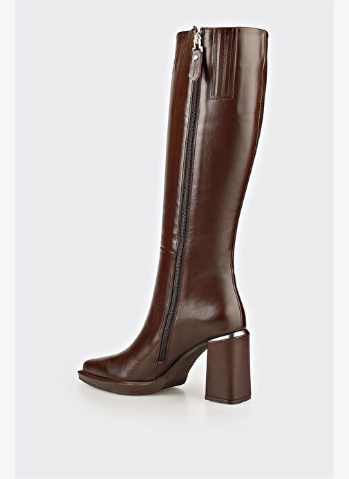 Kahve Deri Kadın Topuklu Çizme - Görsel 4