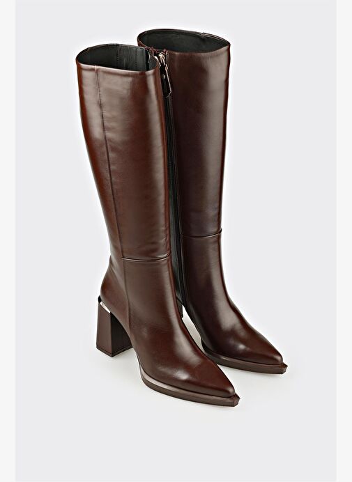 Kahve Deri Kadın Topuklu Çizme - Görsel 3