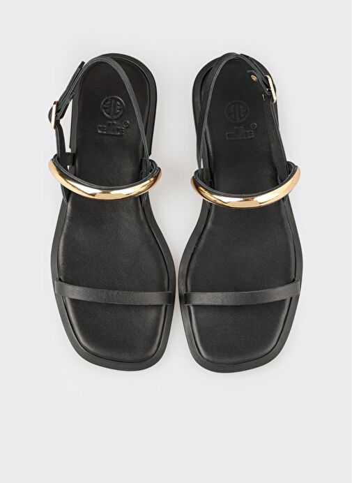 Siyah Deri Kadın Düz Sandalet - Görsel 5