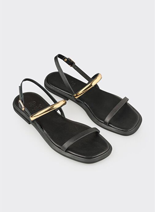 Siyah Deri Kadın Düz Sandalet - Görsel 3