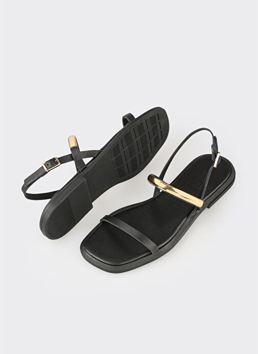 Siyah Deri Kadın Düz Sandalet - Görsel 4