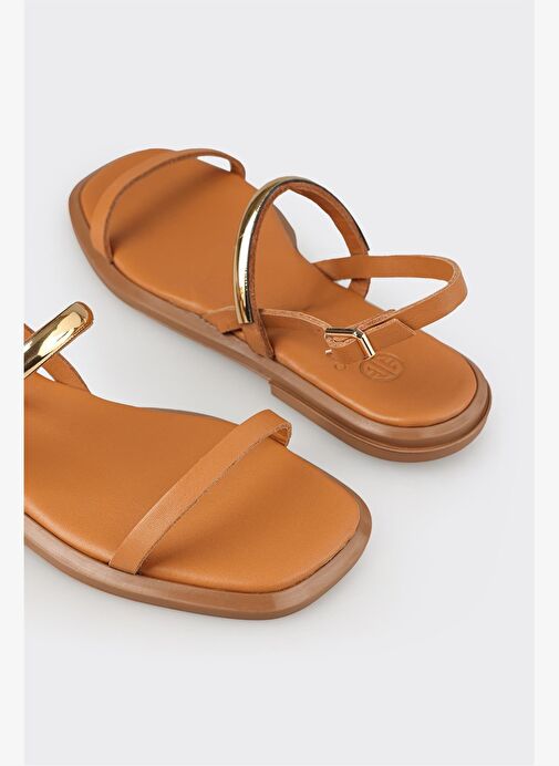 Taba Deri Kadın Düz Sandalet - Görsel 10