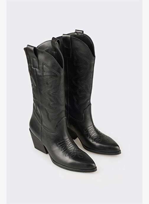 Siyah Deri Kadın Western Çizme - Görsel 3